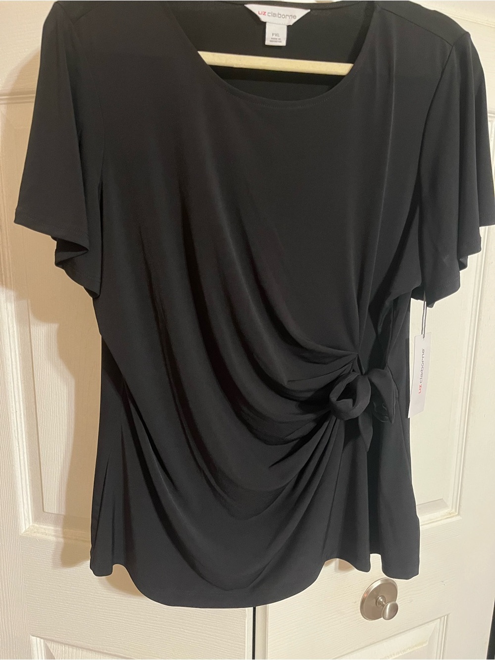 Liz Claiborne Black Short Sleeve Side-Knot Drape Top